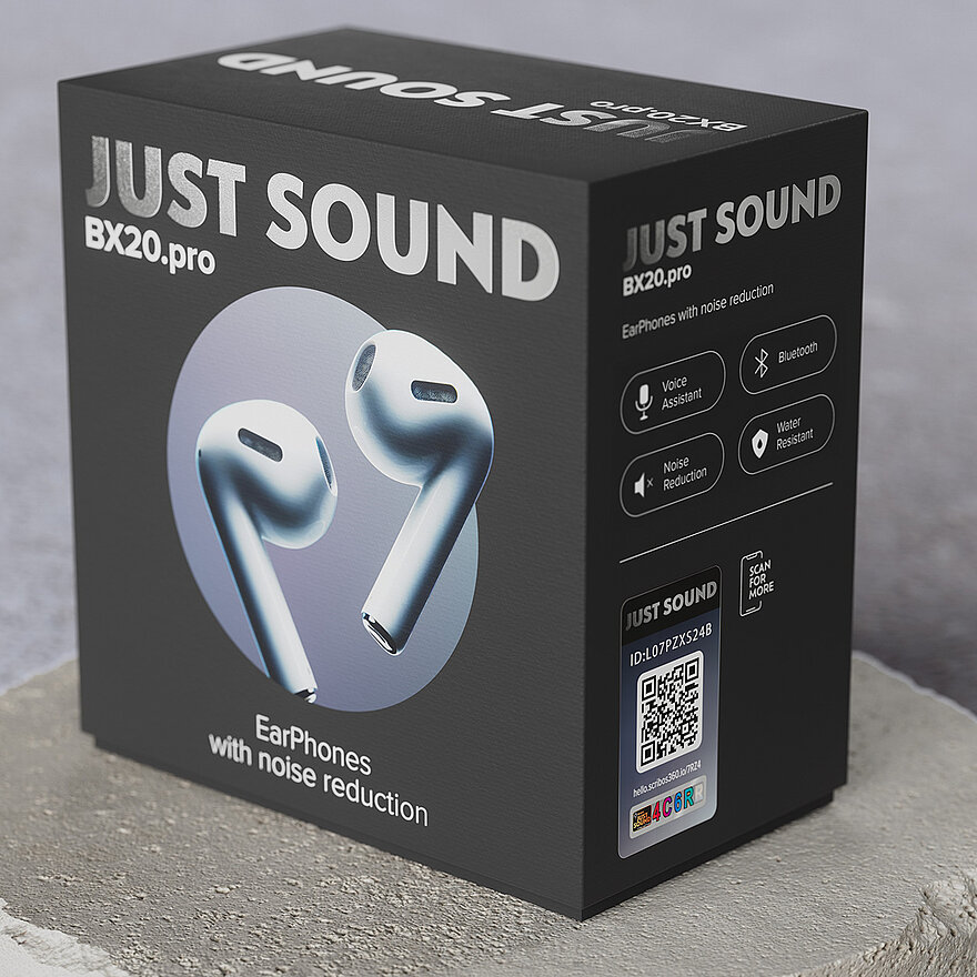 零售包装的“Just Sound BX20.pro”降噪耳机,配备二维码用于产品鉴别真伪及增强品牌防伪。